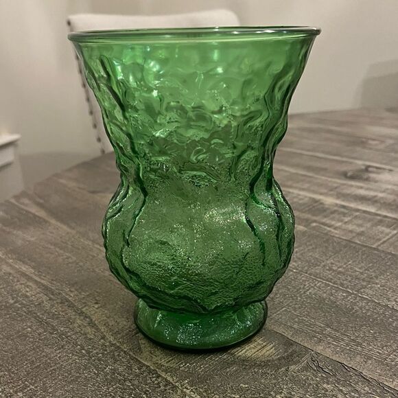 VTG 1960s Crinkle Glass Emerald Green Round Vase - Picture 3 of 6